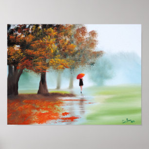 Póster Mulher com uma arte vermelha da paisagem do outono