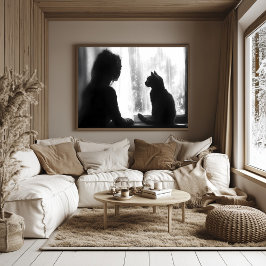 Poster Mulher Contemplativa com Gato em Chuva pela Janela