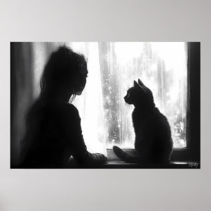 Poster Mulher Contemplativa com Gato na Chuva pela Janela