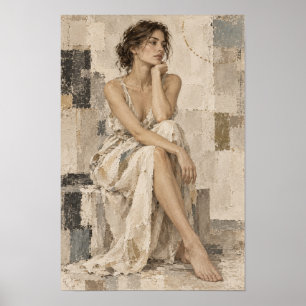 Poster Mulher Contemplativa em Vestido Branco Abstração N