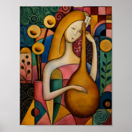 POSTER MULHER CUBISTA ABRAÇANDO A ARTE DA LIRA DOURADA