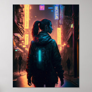 Poster Mulher Cyberpunk na cidade