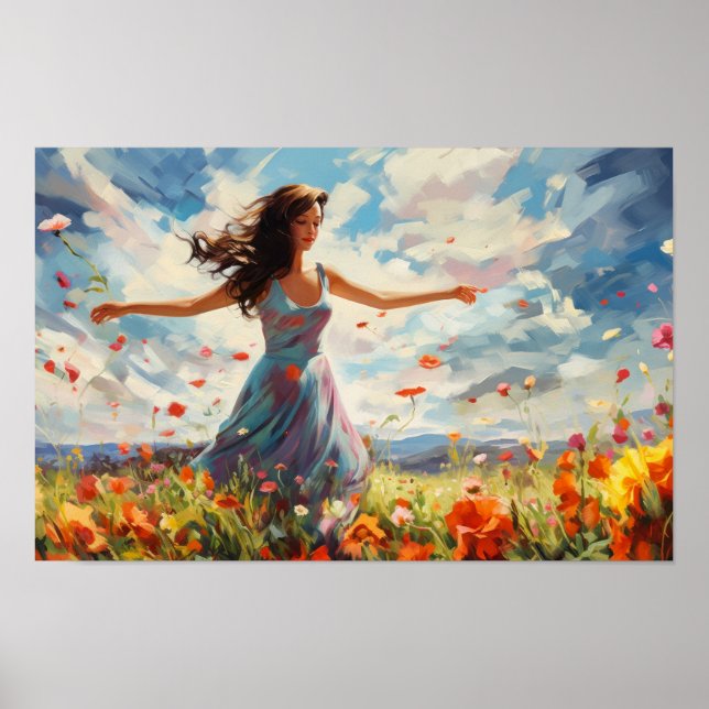 Poster Mulher Dançando Alegremente Em Um Campo De Flores  (Frente)