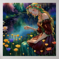 *~ Mulher de Arte Sentando Pick Flower Pond AP56
