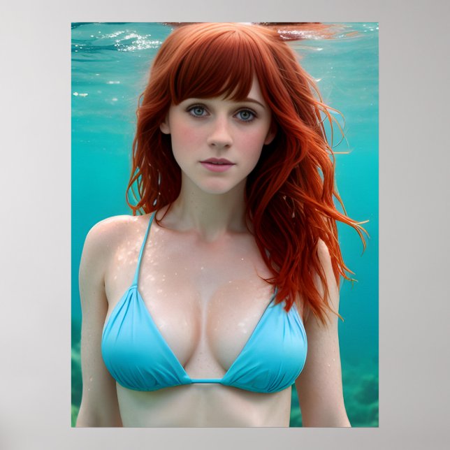 Poster Mulher de cabelo vermelho em um Bikini submarino (Frente)