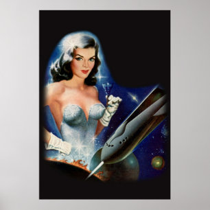 Poster Mulher de ficção científica retrô pulp em wi de es