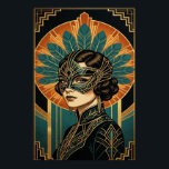 Poster Mulher de Máscara Art Déco Elegante Cartaz Dourado<br><div class="desc">Entre no mistério e no glamour de um baile da década de 1920 com este exquisito retrato Art Déco. Apresentando uma mulher sofisticada em uma deslumbrante máscara de filigrana teal e dourada, adornada com um dramático acessório de cabeça com penas em estilo de pavão. Situado contra um radiante sol nascente...</div>