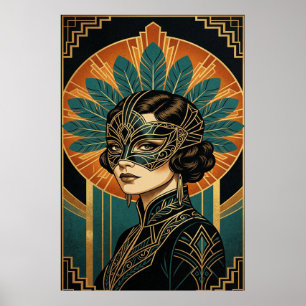 Poster Mulher de Máscara Art Déco Elegante Cartaz Dourado