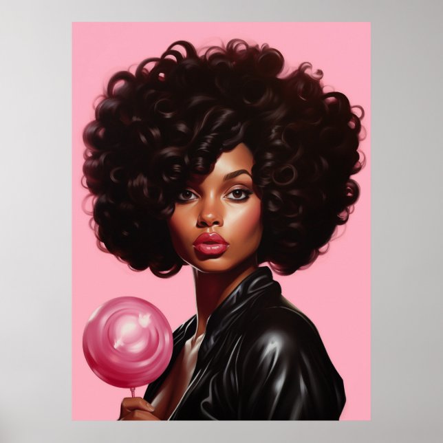 Poster Mulher de Moda Alta Modelo Negra Bonita Rosa (Frente)