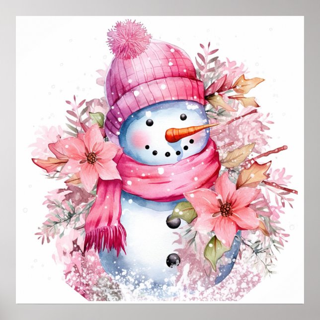 Poster Mulher de neve festiva rosa de Natal (Frente)
