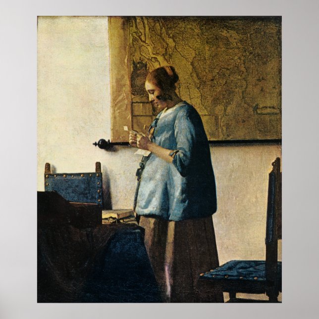Póster Mulher de Vermeer a azul lendo uma letra ca.1665 (Frente)