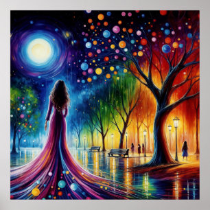 Poster Mulher de vestido fluindo caminhando na floresta c