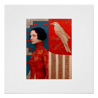 Póster Mulher de vestido vermelho florado e cartão postal