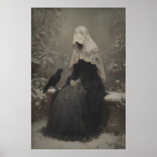 Poster Mulher de Véu Preto com Corvo Luto Gótico