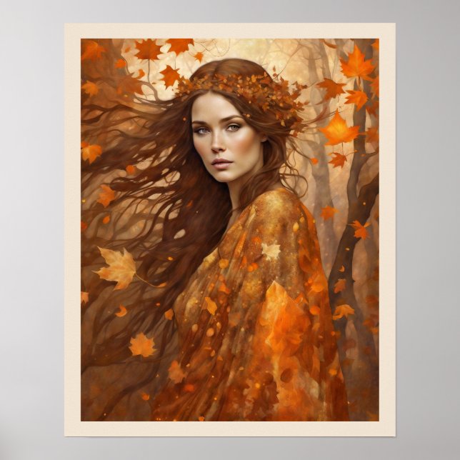 Poster Mulher desmoronante no outono de Orange Gown (Frente)