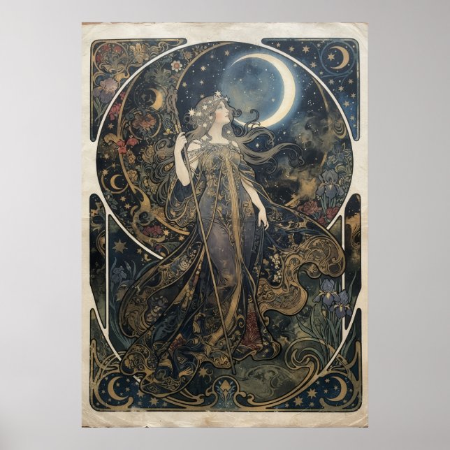 Poster Mulher Deusa da Lua Art Nouveau Celestial Floral P (Frente)