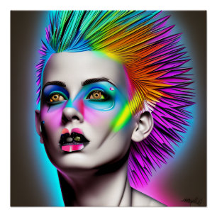 Póster Mulher distópica com Arte Rainbow Mohawk Ai