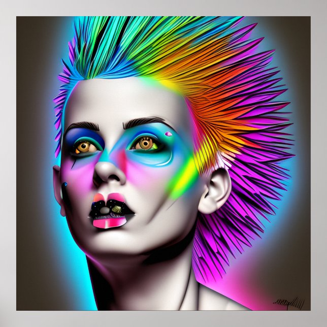 Poster Mulher distópica com Arte Rainbow Mohawk Ai (Frente)