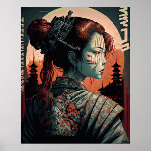 Poster Mulher do Cyberpunk Samurai Japonês
