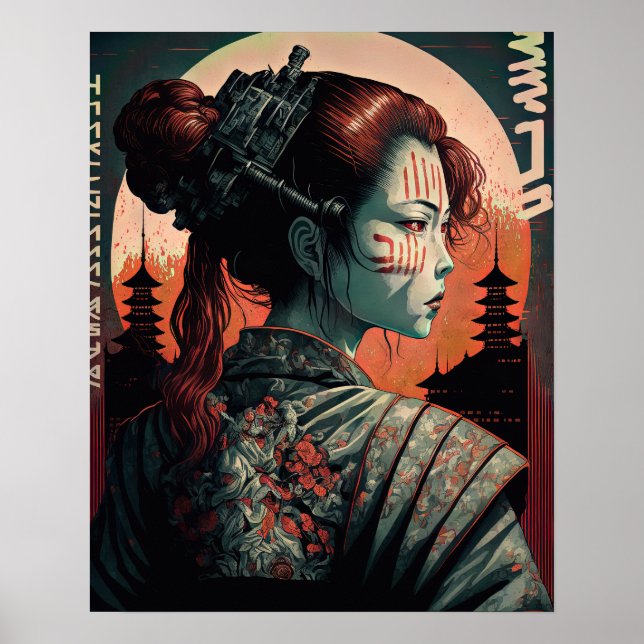 Poster Mulher do Cyberpunk Samurai Japonês (Frente)