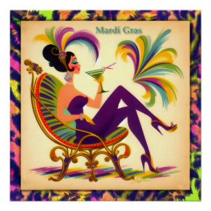 Póster Mulher do Mardi Gras de Meados do Século com um Ma