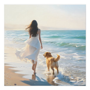 Póster Mulher e Cachorro Caminhando na Praia ao Pôr do So