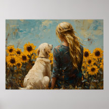 Mulher e Cachorro com Girassóis - Pintura em Estil