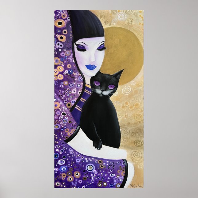 Poster Mulher e Gato Arte Whimsic Roxo (Frente)