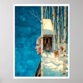 Poster Mulher e veado na floresta de pássaros nevados por