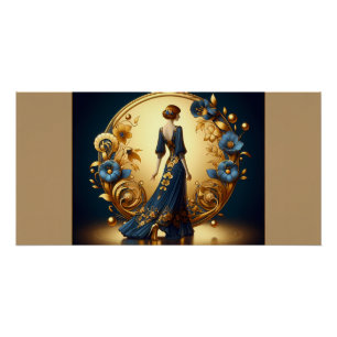 Póster Mulher Elegante Art Déco em Dourado e Azul