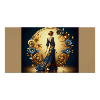 Póster Mulher Elegante Art Déco em Dourado e Azul