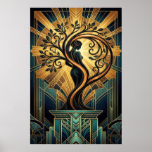 Mulher Elegante Art Déco Silhueta de Árvore Preto