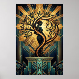Poster Mulher Elegante Art Déco Silhueta de Árvore Preto