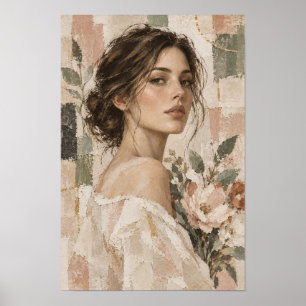 Poster Mulher Elegante com Flores Suave Figurativo Neutro