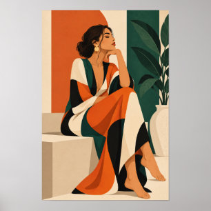 Poster Mulher Elegante em Parede Botânica Laranja e Verde