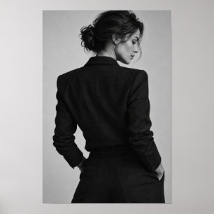 Poster Mulher Elegante em Terno Preto Retrato Monocromáti