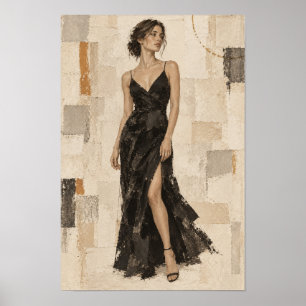 Poster Mulher Elegante em Vestido Preto de Gala em Parede
