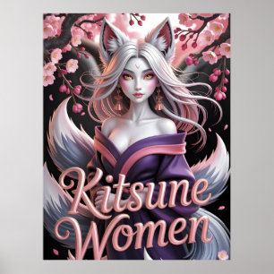 Poster Mulher Elegante Kitsune Branca com Flores de Sakur