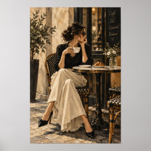 Poster Mulher Elegante no Café com Café e Croissant Wa