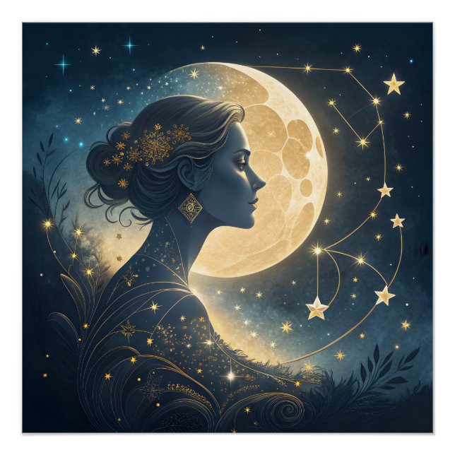 Póster Mulher Elegante sob a Lua e as Estrelas Douradas (Frente)