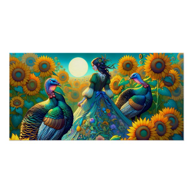 Póster Mulher Elegante, Turquia e Girassóis (Frente)