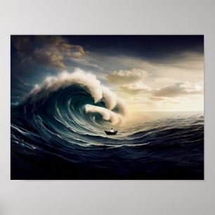 Poster Mulher em um pequeno barco velejando o oceano