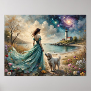 Poster Mulher em vestido azul na praia com cachorro, faro