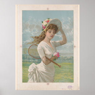 Poster Mulher em vestido branco segurando raquete de têni