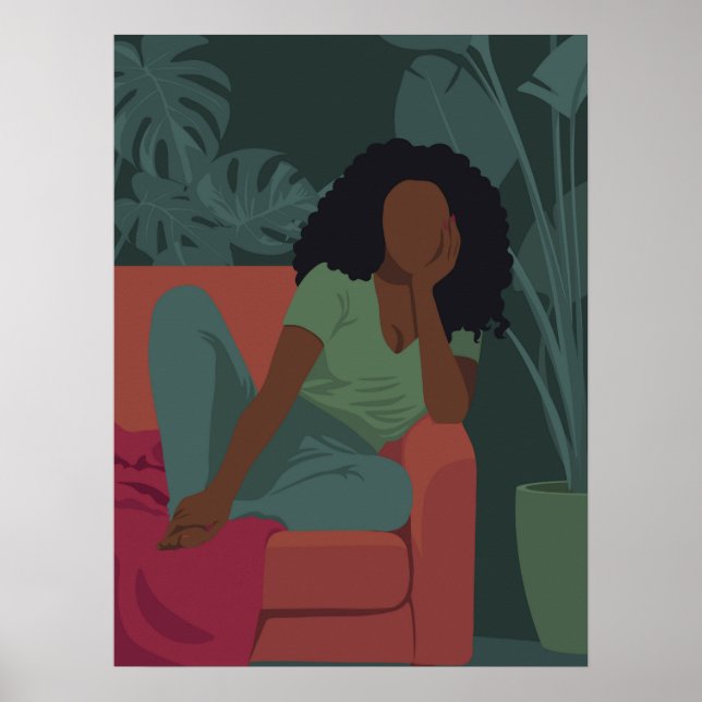 Poster Mulher encaracolada negra com plantas verdes viríd (Frente)