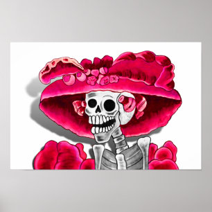 Poster Mulher Esqueleto Rindo em Boina Vermelha