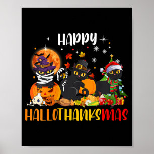 Poster Mulher Feliz Hallothanksmas Camisa Negra Gato