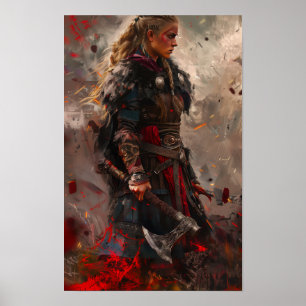 Poster Mulher feroz Viking Warrior Segurando Viking Ax Po