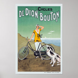 Póster Mulher francesa W/Bicycle & Dog by the Beach Vinta