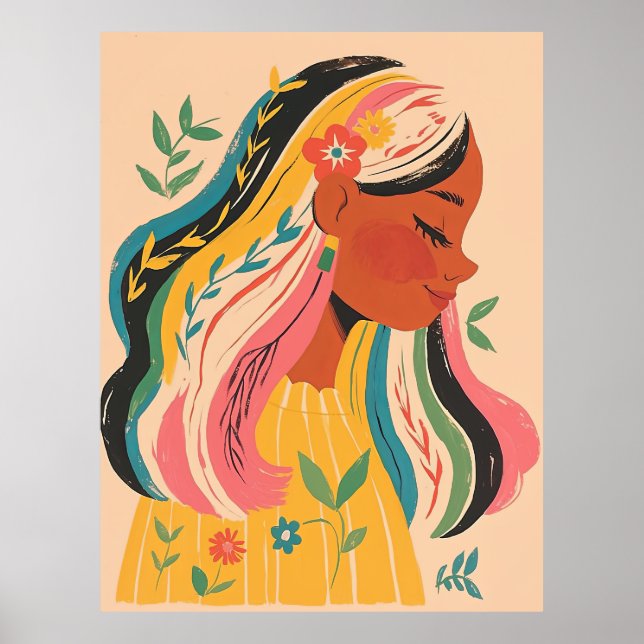 Poster Mulher Garota Fofa Ilustração Floral Boho (Frente)